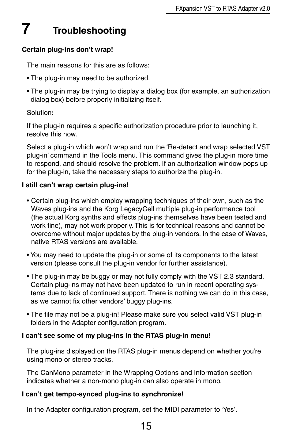 Troubleshooting | FXpansion VST to RTAS Adapter v2.0 User Manual | Page 15 / 16
