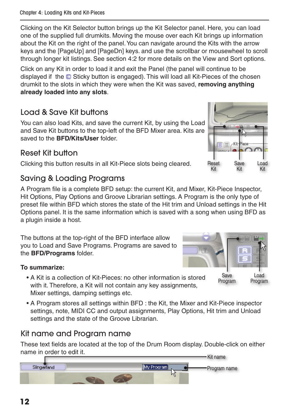 Load & save kit buttons, Reset kit button, Saving & loading programs | Kit name and program name | FXpansion BFD Premium Acoustic Drum Module User Manual | Page 18 / 82