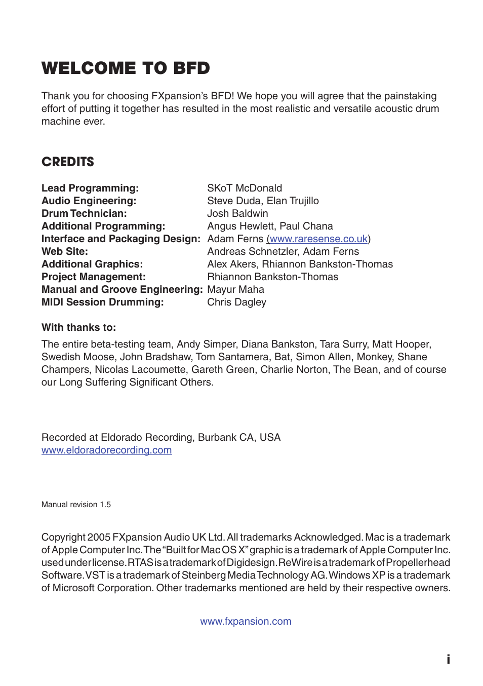 Welcome to bfd, Credits | FXpansion BFD Premium Acoustic Drum Module User Manual | Page 2 / 82