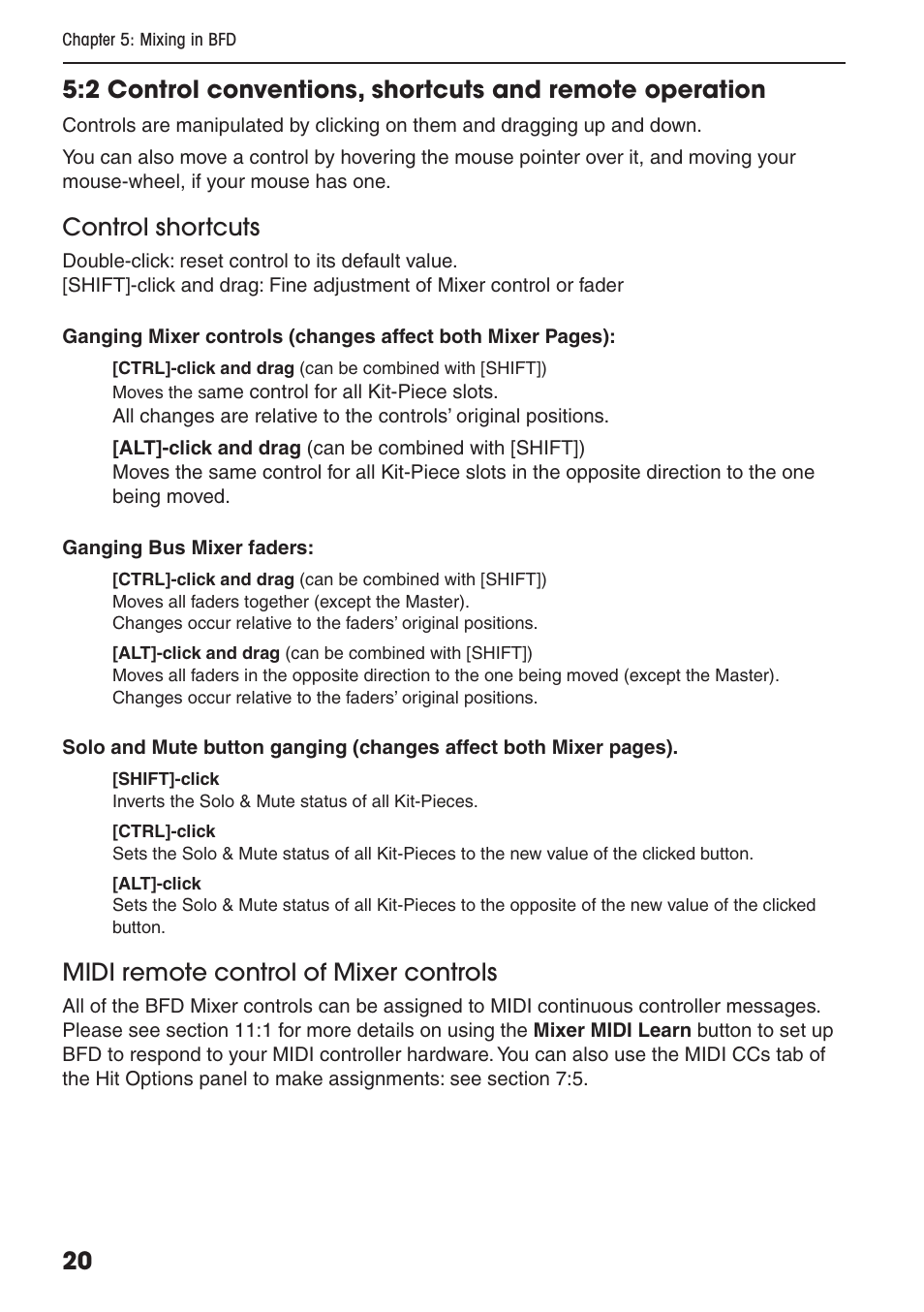 Control shortcuts, Midi remote control of mixer controls | FXpansion BFD Premium Acoustic Drum Module User Manual | Page 26 / 82