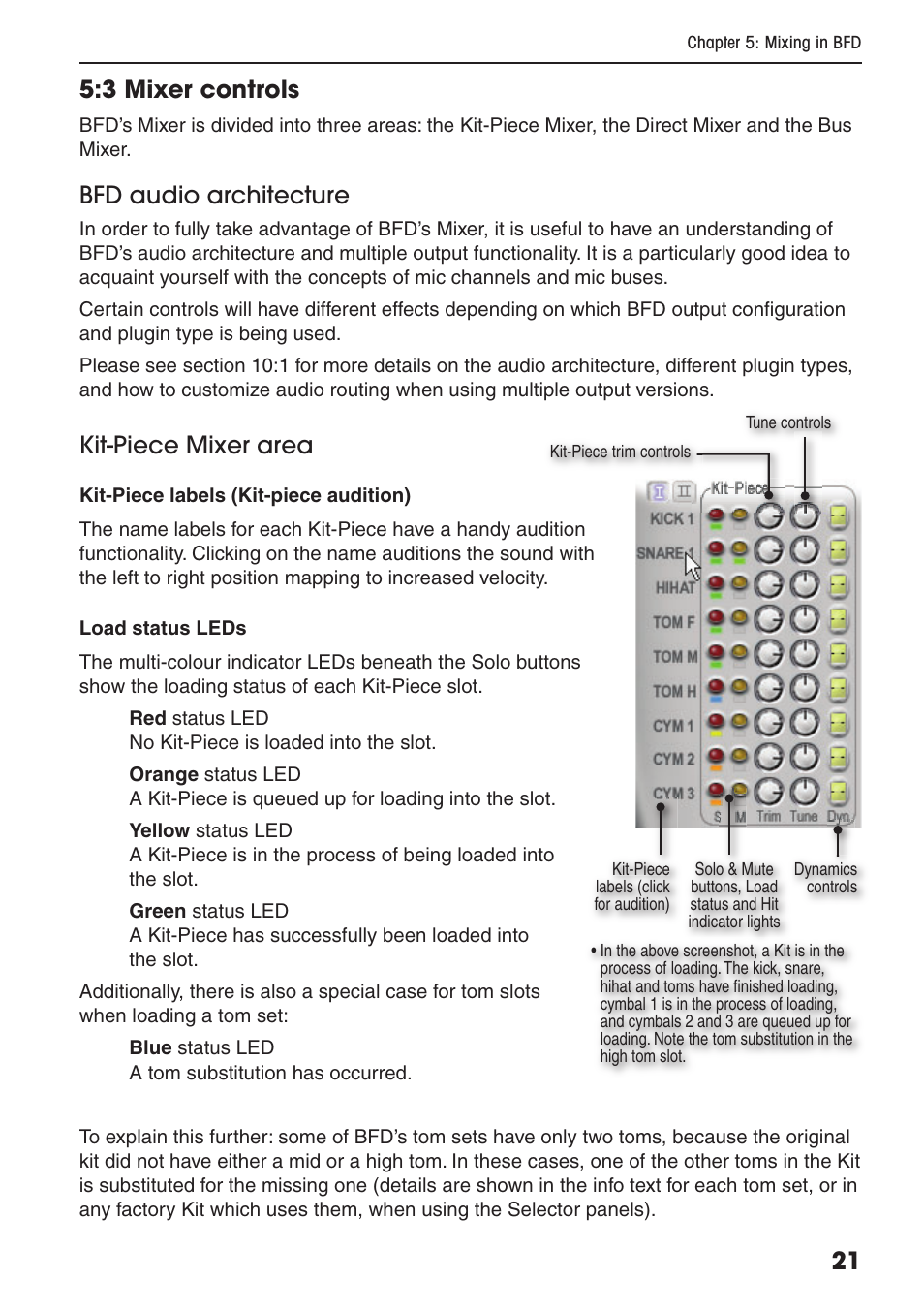 21 5:3 mixer controls, Bfd audio architecture, Kit-piece mixer area | FXpansion BFD Premium Acoustic Drum Module User Manual | Page 27 / 82