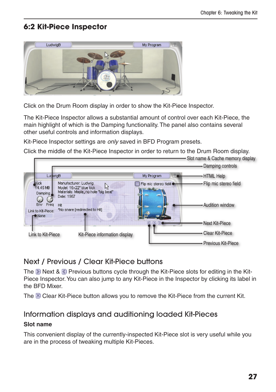 27 6:2 kit-piece inspector, Next / previous / clear kit-piece buttons | FXpansion BFD Premium Acoustic Drum Module User Manual | Page 33 / 82