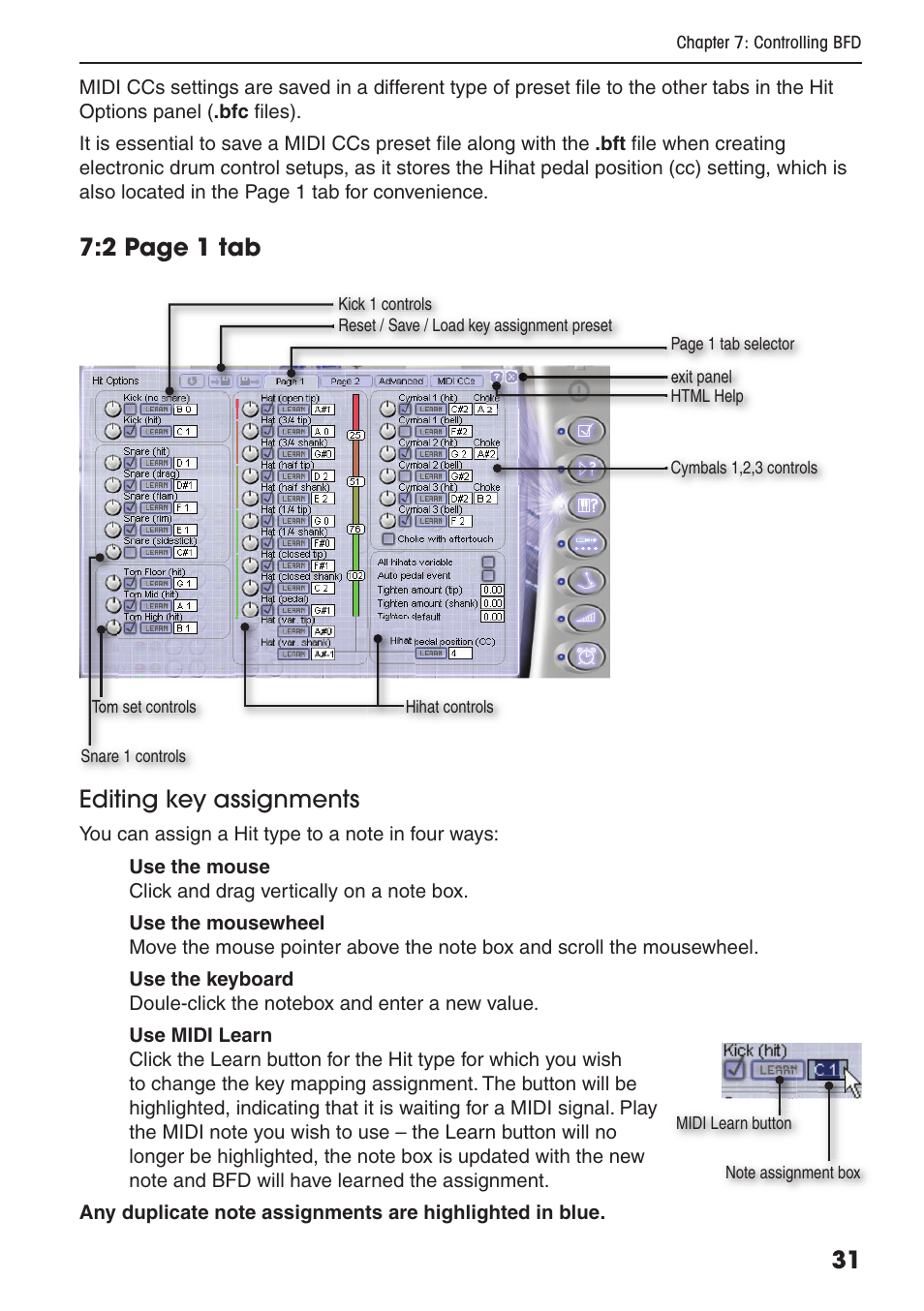 2 page 1 tab editing key assignments | FXpansion BFD Premium Acoustic Drum Module User Manual | Page 37 / 82