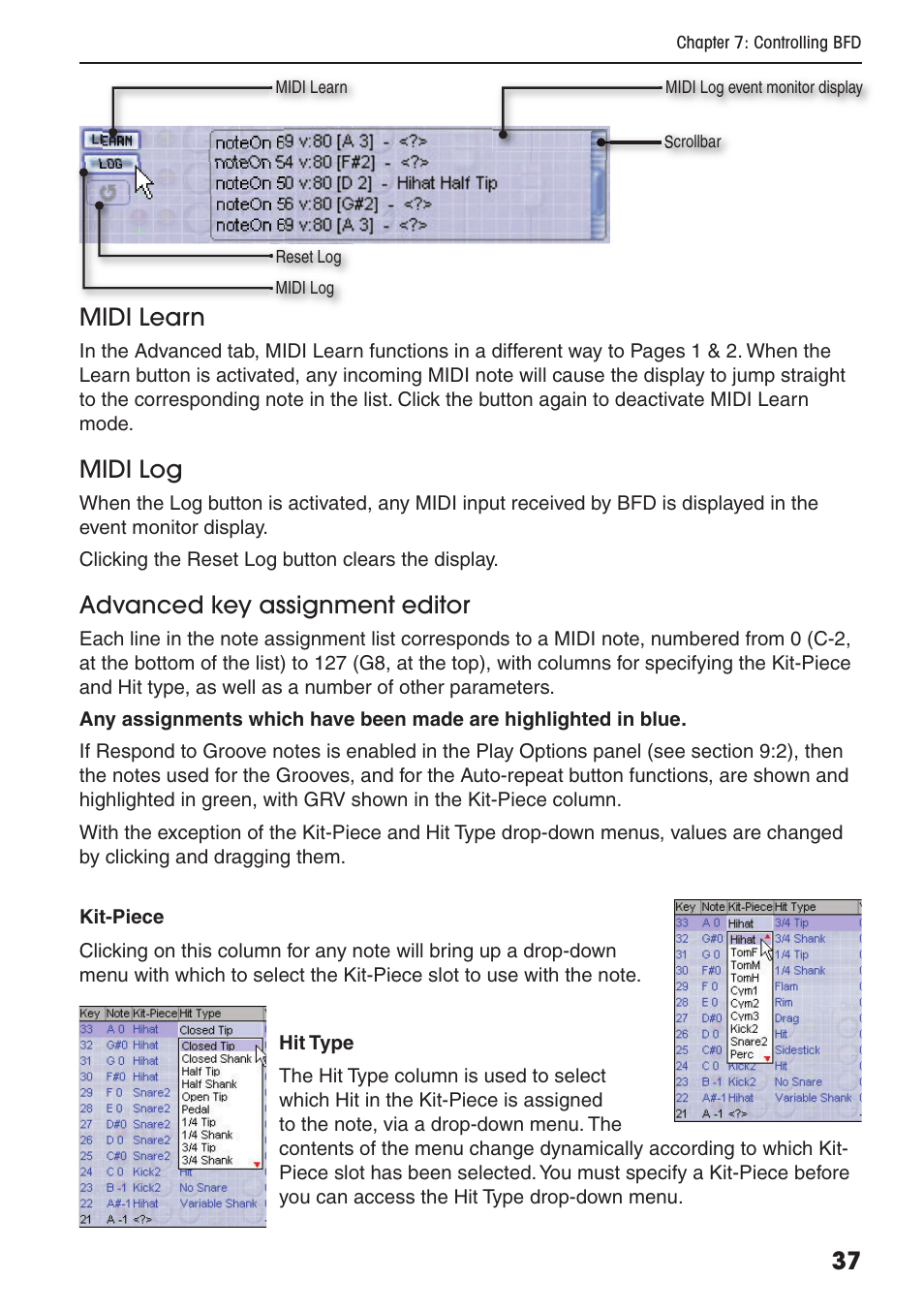 37 midi learn, Midi log, Advanced key assignment editor | FXpansion BFD Premium Acoustic Drum Module User Manual | Page 43 / 82