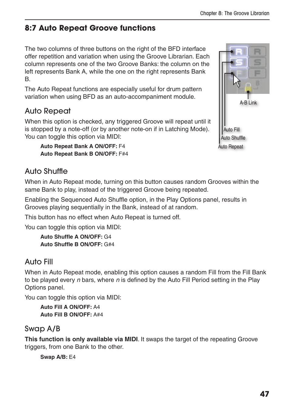47 8:7 auto repeat groove functions, Auto repeat, Auto shuffl e | Auto fill, Swap a/b | FXpansion BFD Premium Acoustic Drum Module User Manual | Page 53 / 82