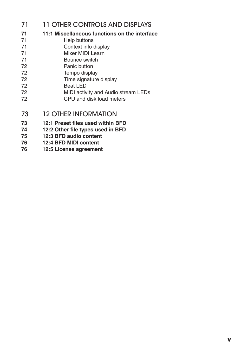 V71 11 other controls and displays, 73 12 other information | FXpansion BFD Premium Acoustic Drum Module User Manual | Page 6 / 82
