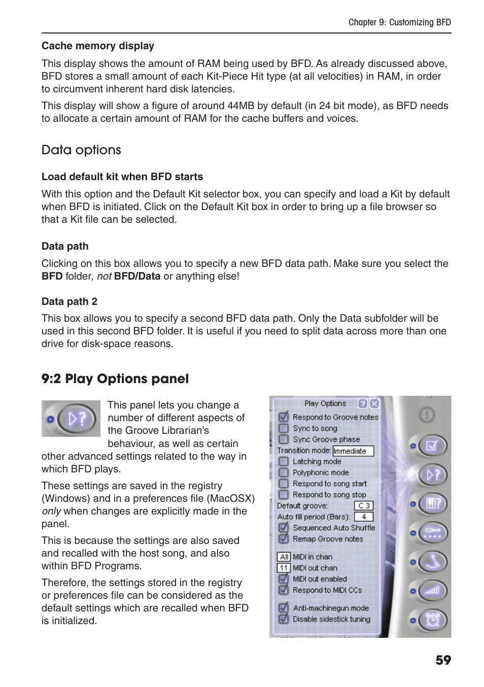 Data options, 2 play options panel | FXpansion BFD Premium Acoustic Drum Module User Manual | Page 65 / 82