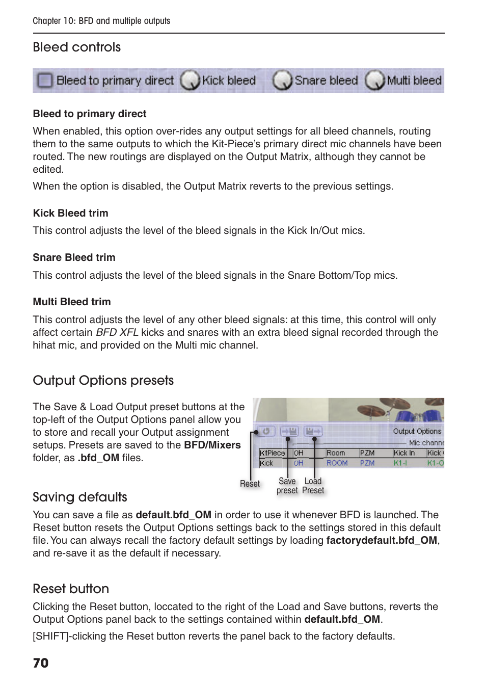 70 bleed controls, Output options presets, Saving defaults | Reset button | FXpansion BFD Premium Acoustic Drum Module User Manual | Page 76 / 82