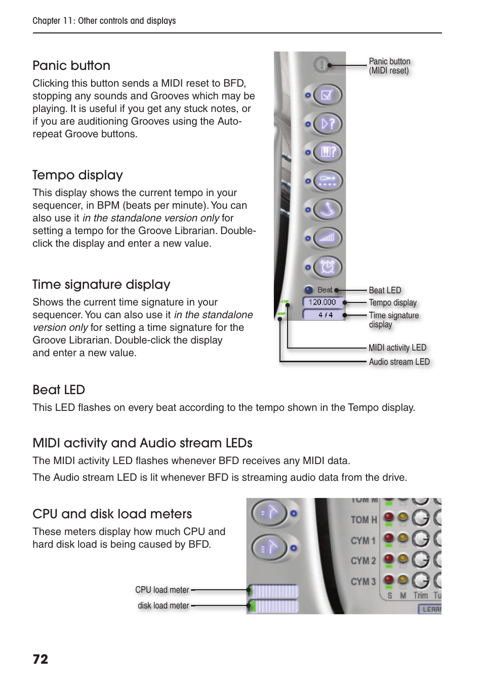 72 panic button, Tempo display, Time signature display | Beat led, Midi activity and audio stream leds, Cpu and disk load meters | FXpansion BFD Premium Acoustic Drum Module User Manual | Page 78 / 82