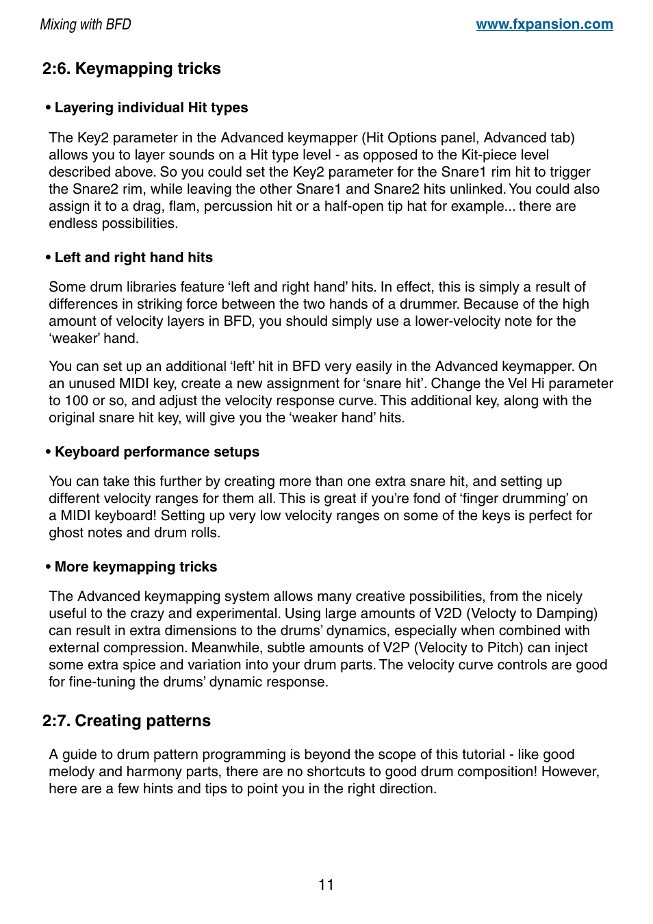 6. keymapping tricks, 7. creating patterns | FXpansion BFD Premium Acoustic Drum Module Mixing with BFD User Manual | Page 11 / 39
