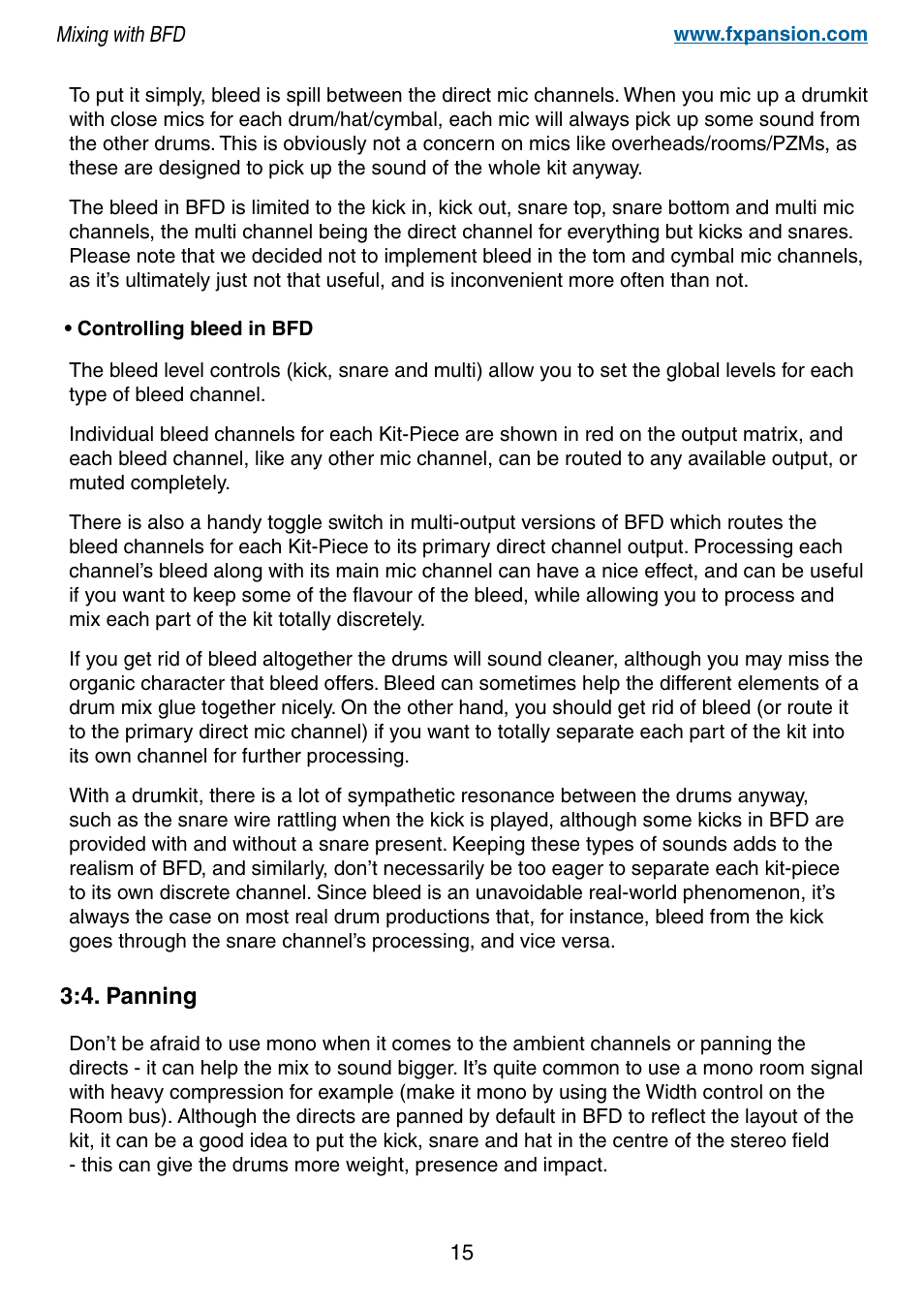 4. panning, 15 3:4. panning | FXpansion BFD Premium Acoustic Drum Module Mixing with BFD User Manual | Page 15 / 39