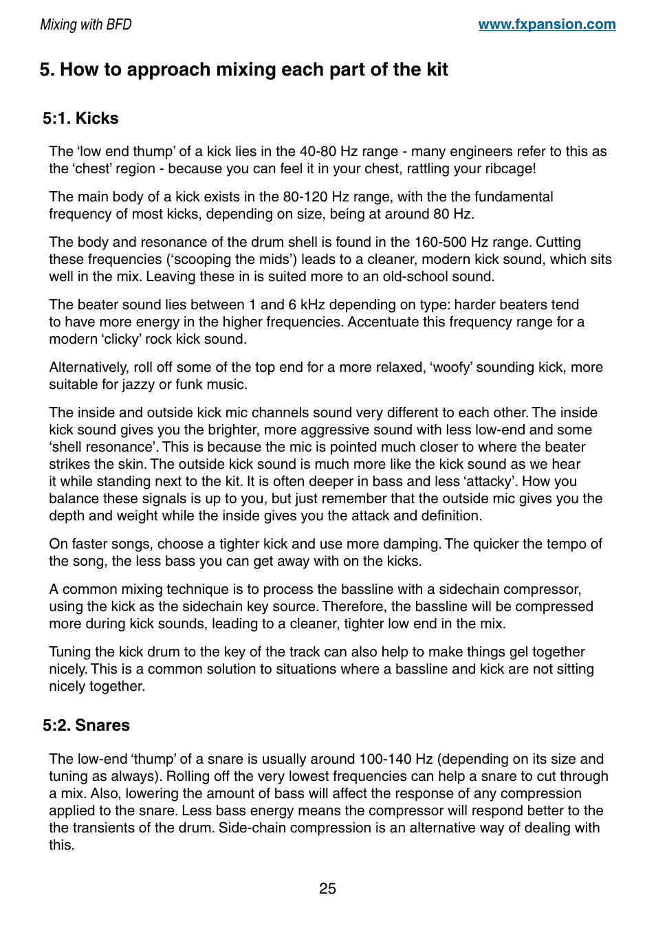 How to approach mixing each part of the kit, 1. kicks, 2. snares | 25 5. how to approach mixing each part of the kit, 5 5:1. kicks 5 5:. snares | FXpansion BFD Premium Acoustic Drum Module Mixing with BFD User Manual | Page 25 / 39