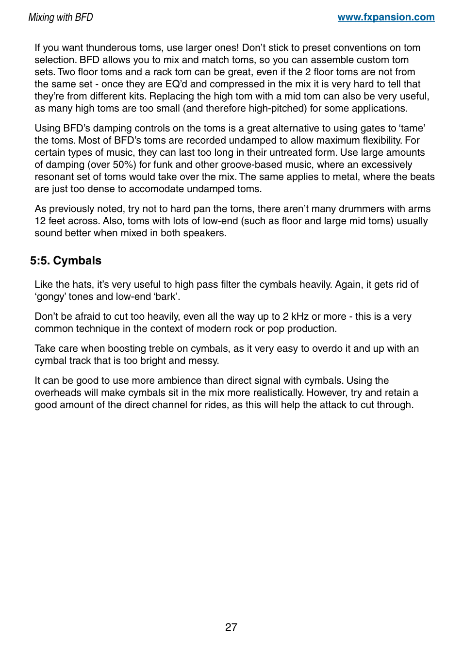 5. cymbals, 7 5:5. cymbals | FXpansion BFD Premium Acoustic Drum Module Mixing with BFD User Manual | Page 27 / 39