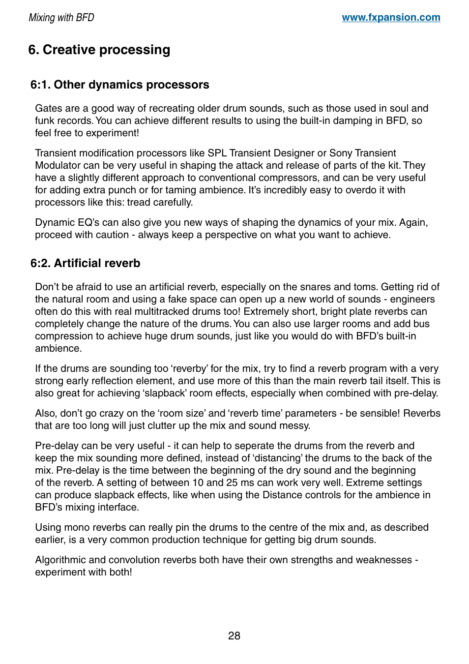 Creative processing, 1. other dynamics processors, 2. artificial reverb | 28 6. creative processing | FXpansion BFD Premium Acoustic Drum Module Mixing with BFD User Manual | Page 28 / 39