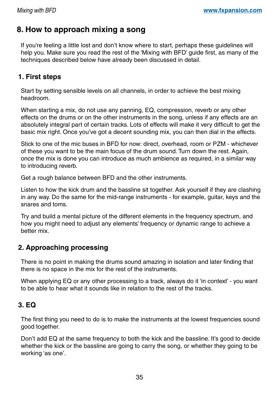 How to approach mixing a song, 35 8. how to approach mixing a song | FXpansion BFD Premium Acoustic Drum Module Mixing with BFD User Manual | Page 35 / 39