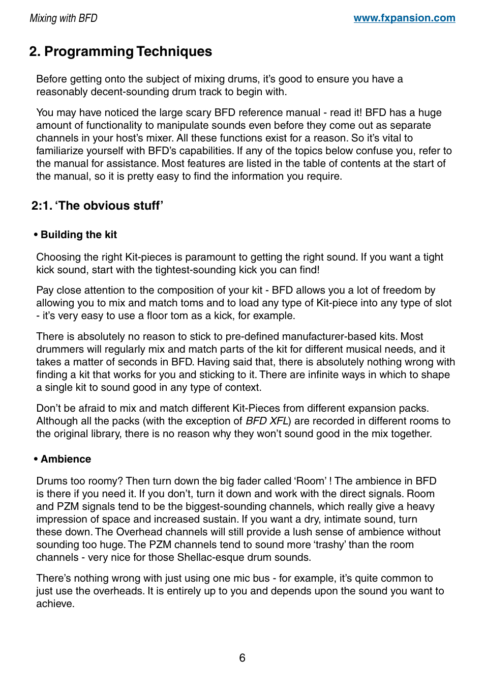 Programming techniques, 1. ‘the obvious stuff, 6 2. programming techniques | ‘the obvious stuff | FXpansion BFD Premium Acoustic Drum Module Mixing with BFD User Manual | Page 6 / 39