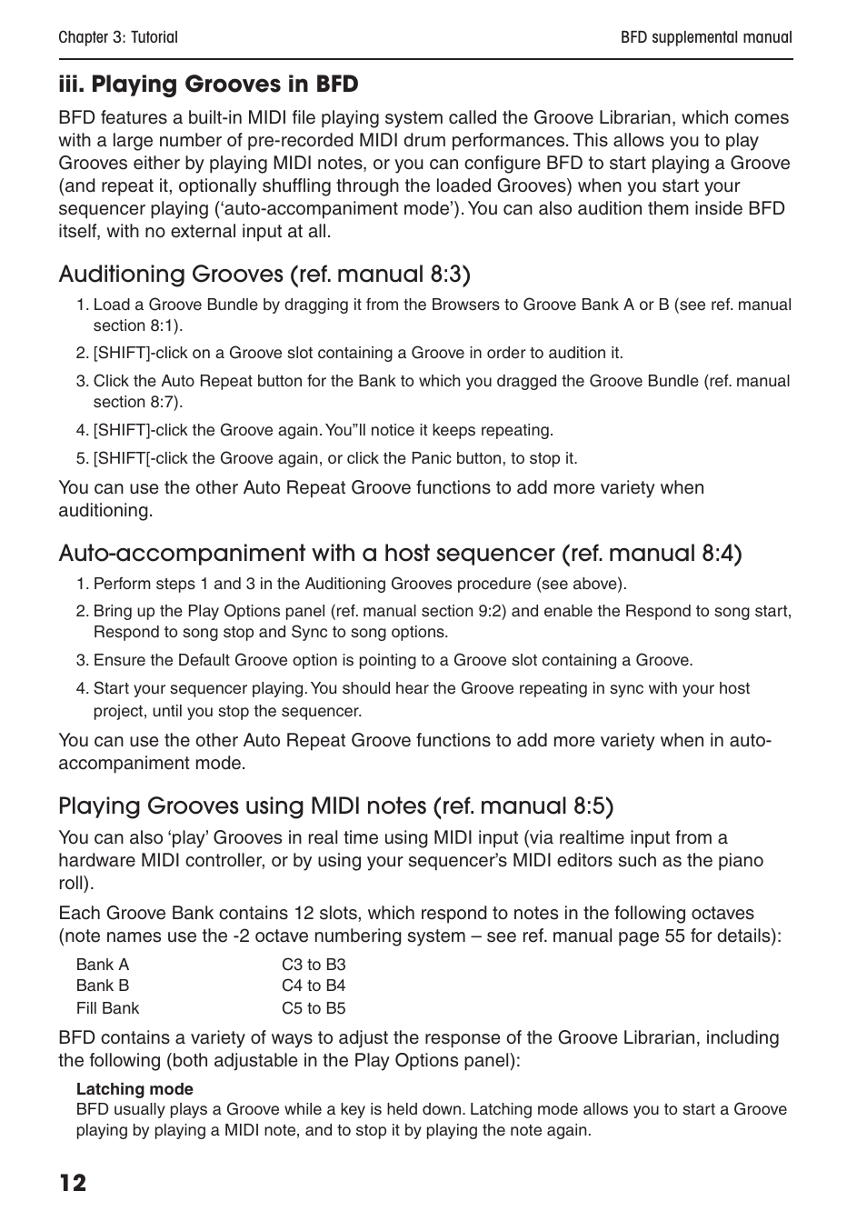 Iii. playing grooves in bfd, Auditioning grooves (ref. manual 8:3) | FXpansion BFD Supplemental User Manual | Page 12 / 26