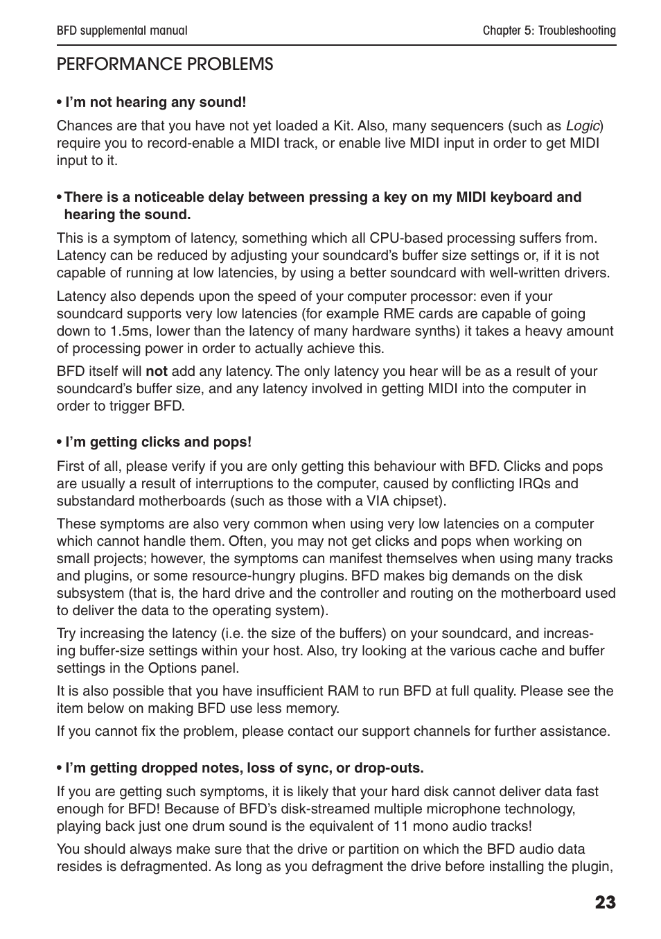 Performance problems | FXpansion BFD Supplemental User Manual | Page 23 / 26