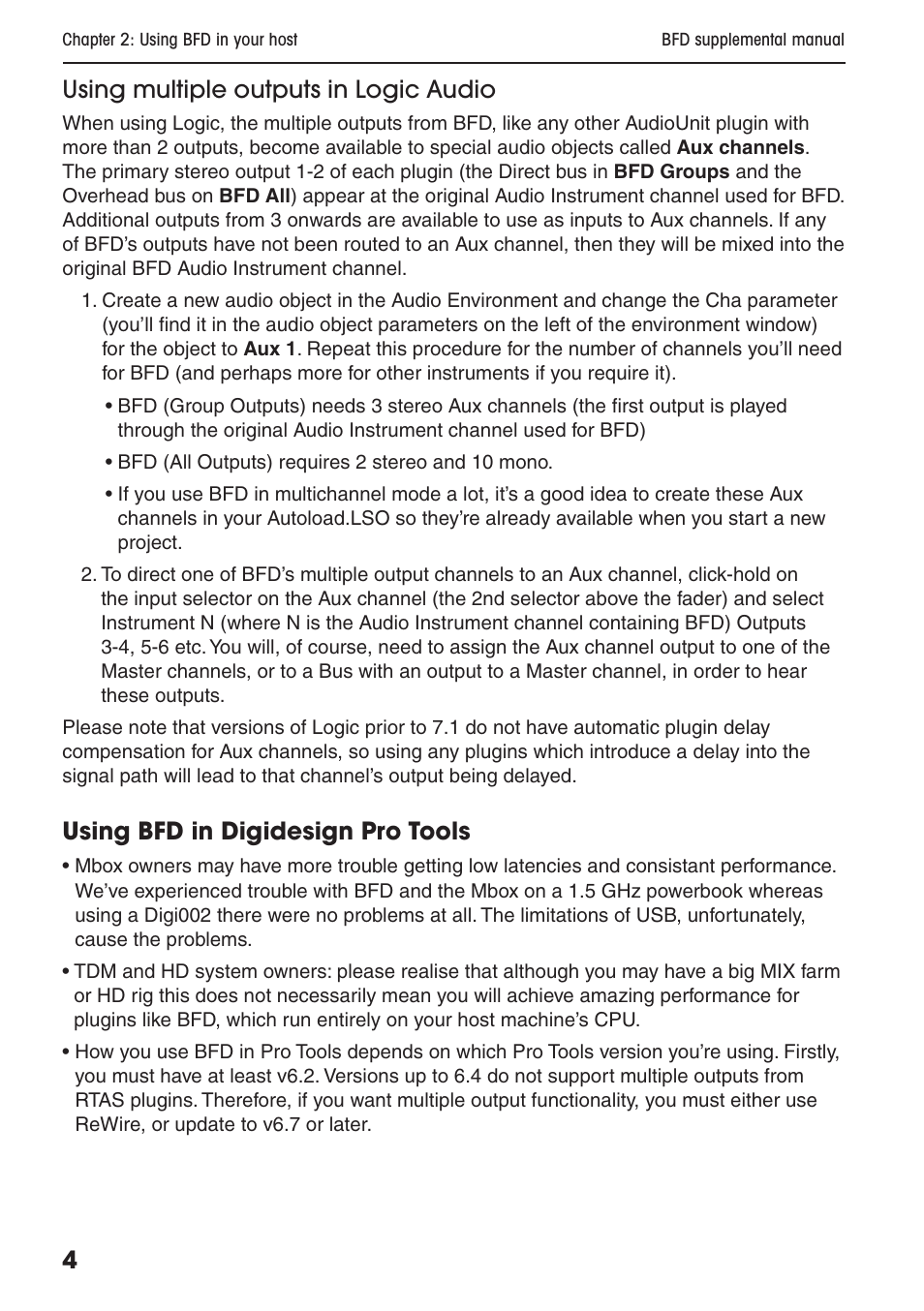 Using multiple outputs in logic audio, Using bfd in digidesign pro tools | FXpansion BFD Supplemental User Manual | Page 4 / 26