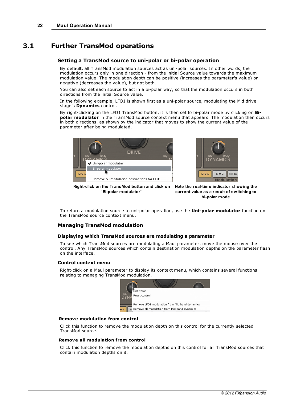 Further transmod operations, 1 further transmod operations | FXpansion Maul User Manual | Page 22 / 33