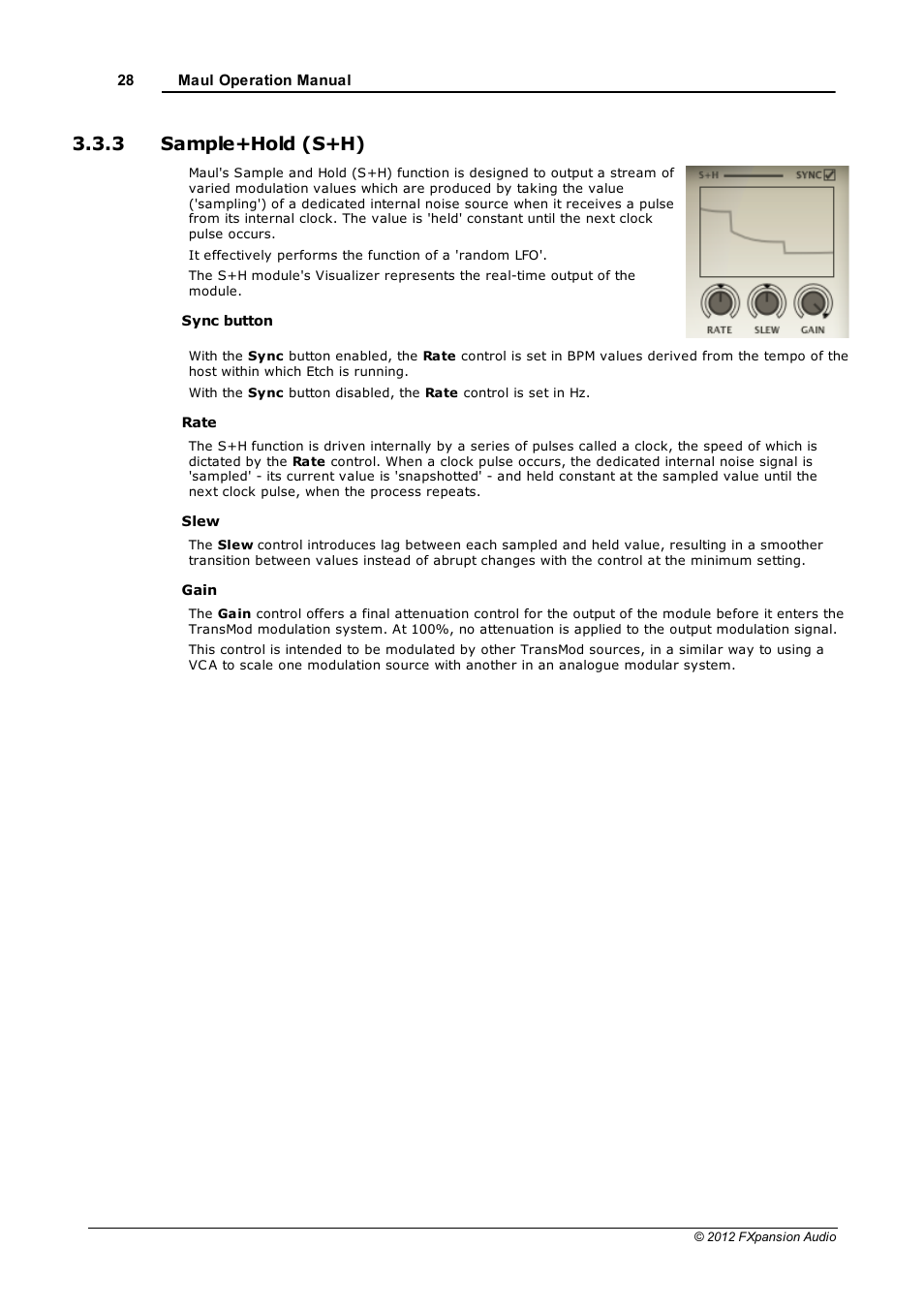 Sample+hold (s+h), Sam ple+hold (s+h), Sample and hold | 3 sample+hold (s+h) | FXpansion Maul User Manual | Page 28 / 33