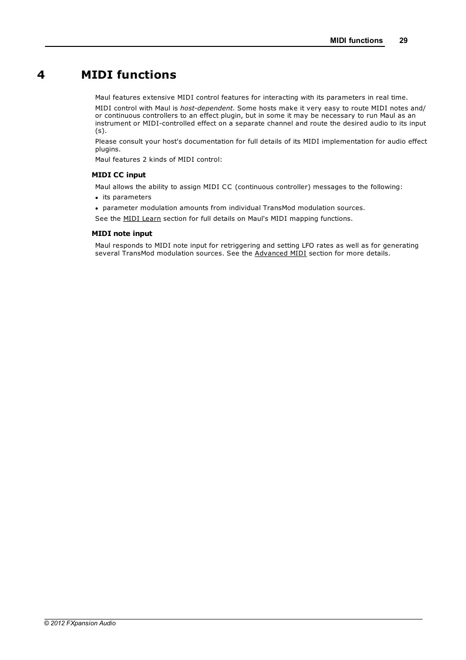 Midi functions, 4 midi functions, 4midi functions | FXpansion Maul User Manual | Page 29 / 33