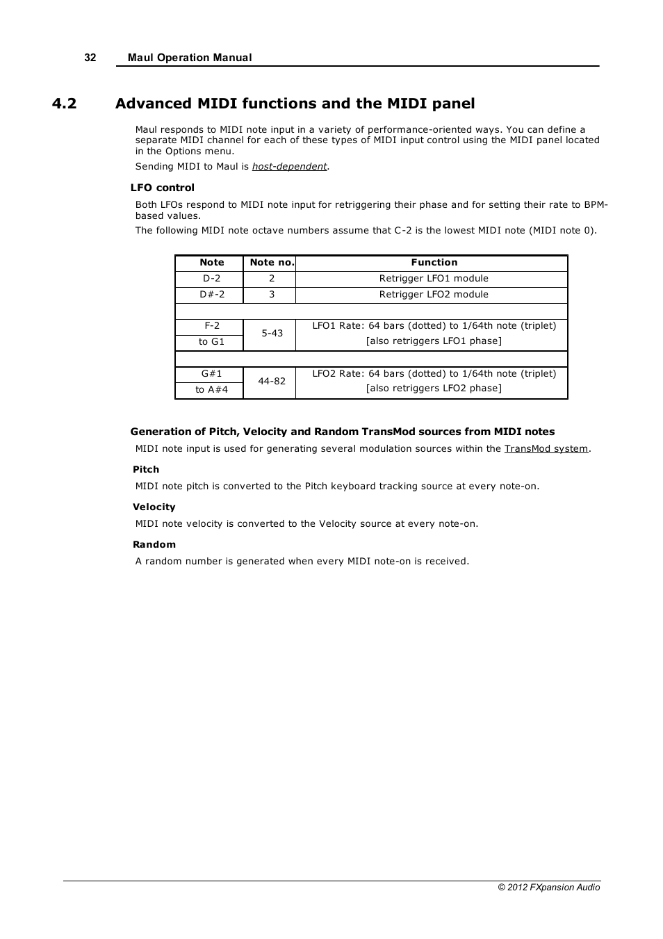 Advanced midi functions and the midi panel, Midi notes, Sending midi notes | 2 advanced midi functions and the midi panel | FXpansion Maul User Manual | Page 32 / 33