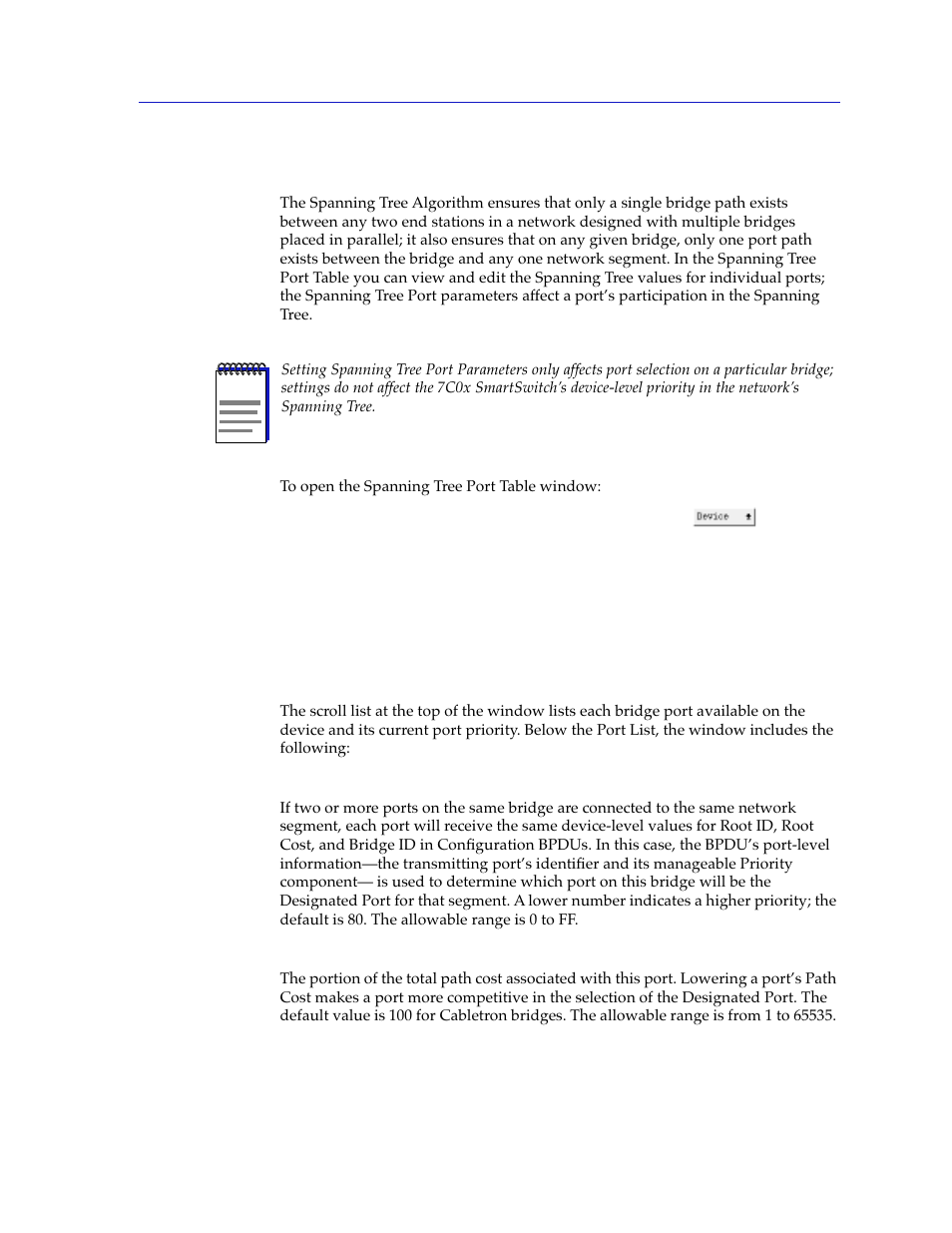 The spanning tree port parameters window, The spanning tree port parameters window -25, The spanning tree | Port parameters window, For mor | Cabletron Systems 7C03 User Manual | Page 127 / 150
