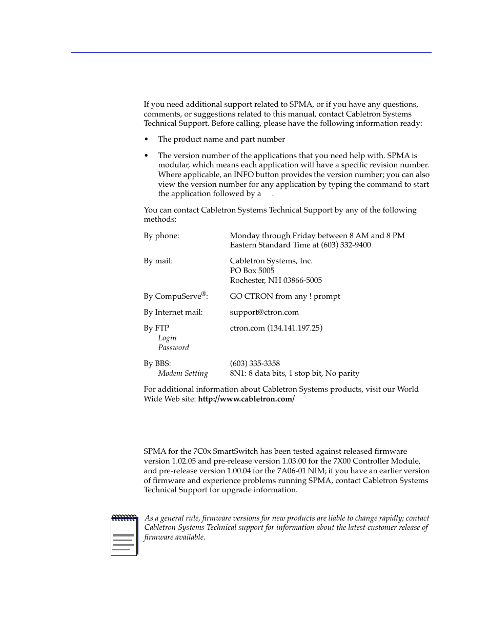 Getting help, 7c0x smartswitch firmware, Getting help -8 7c0x smartswitch firmware -8 | Cabletron Systems 7C03 User Manual | Page 16 / 150