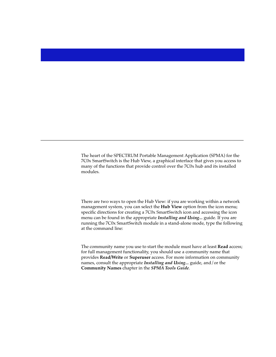 Using the 7c0x smartswitch hub view, Using the hub view, Chapter 2 | Using the hub view -1 | Cabletron Systems 7C03 User Manual | Page 17 / 150