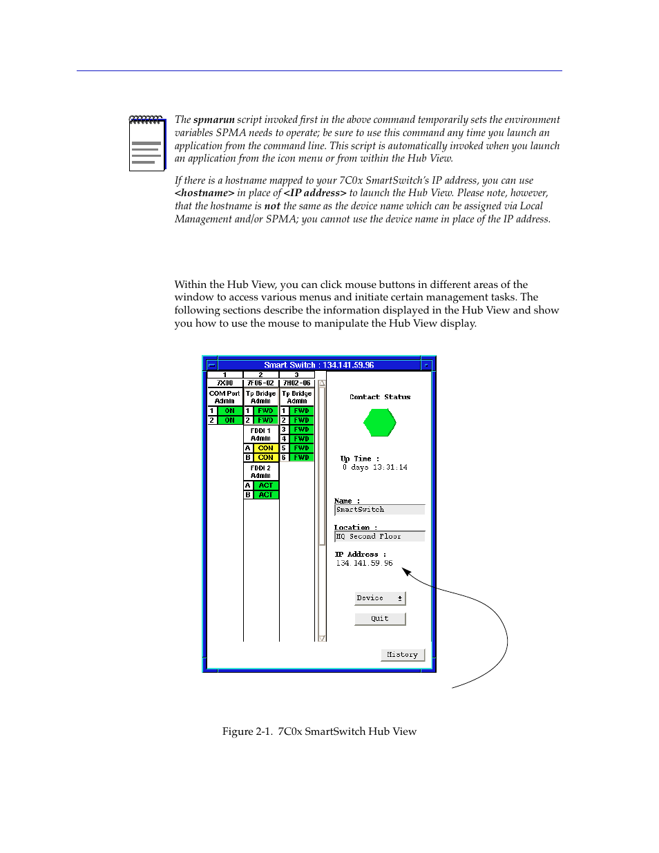Navigating through the hub view, Navigating through the hub view -2 | Cabletron Systems 7C03 User Manual | Page 18 / 150