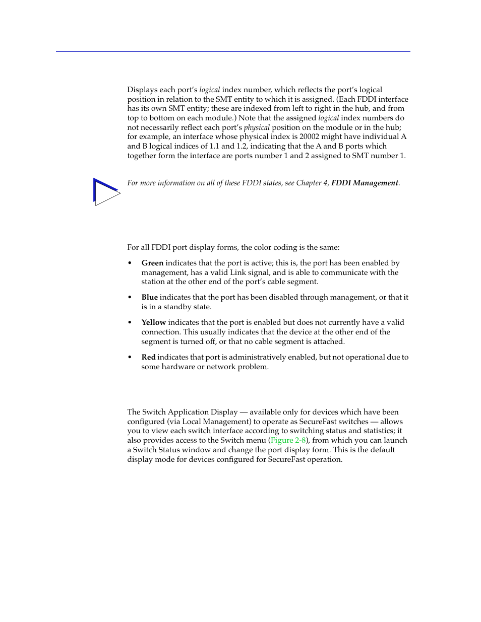 Fddi color codes, The switch application display, Fddi color codes -10 | The switch application display -10 | Cabletron Systems 7C03 User Manual | Page 26 / 150