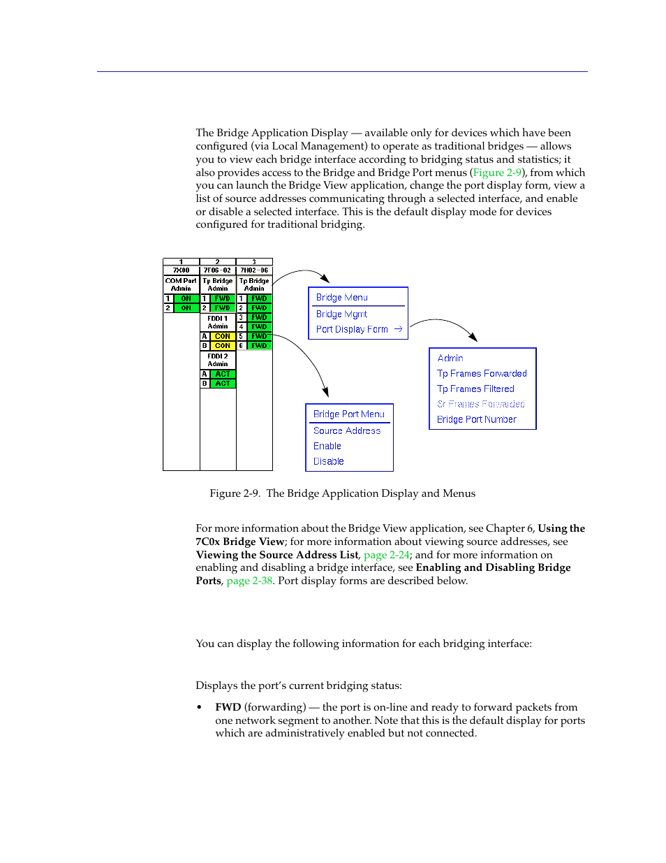 The bridge application display, Bridge port display forms, The bridge application display -13 | Bridge port display forms -13 | Cabletron Systems 7C03 User Manual | Page 29 / 150