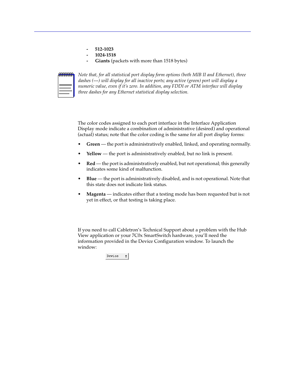 Interface port color codes, Viewing device configuration, Interface port color codes -20 | Viewing device configuration -20, The following section, That accompanies this display will indicate | Cabletron Systems 7C03 User Manual | Page 36 / 150