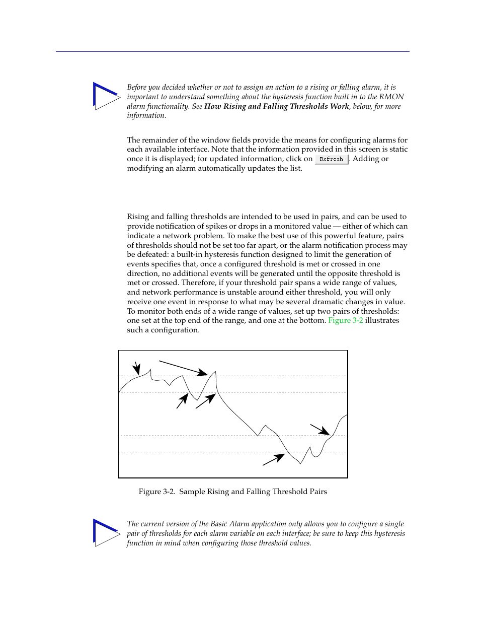 How rising and falling thresholds work, How rising and falling thresholds work -6 | Cabletron Systems 7C03 User Manual | Page 62 / 150