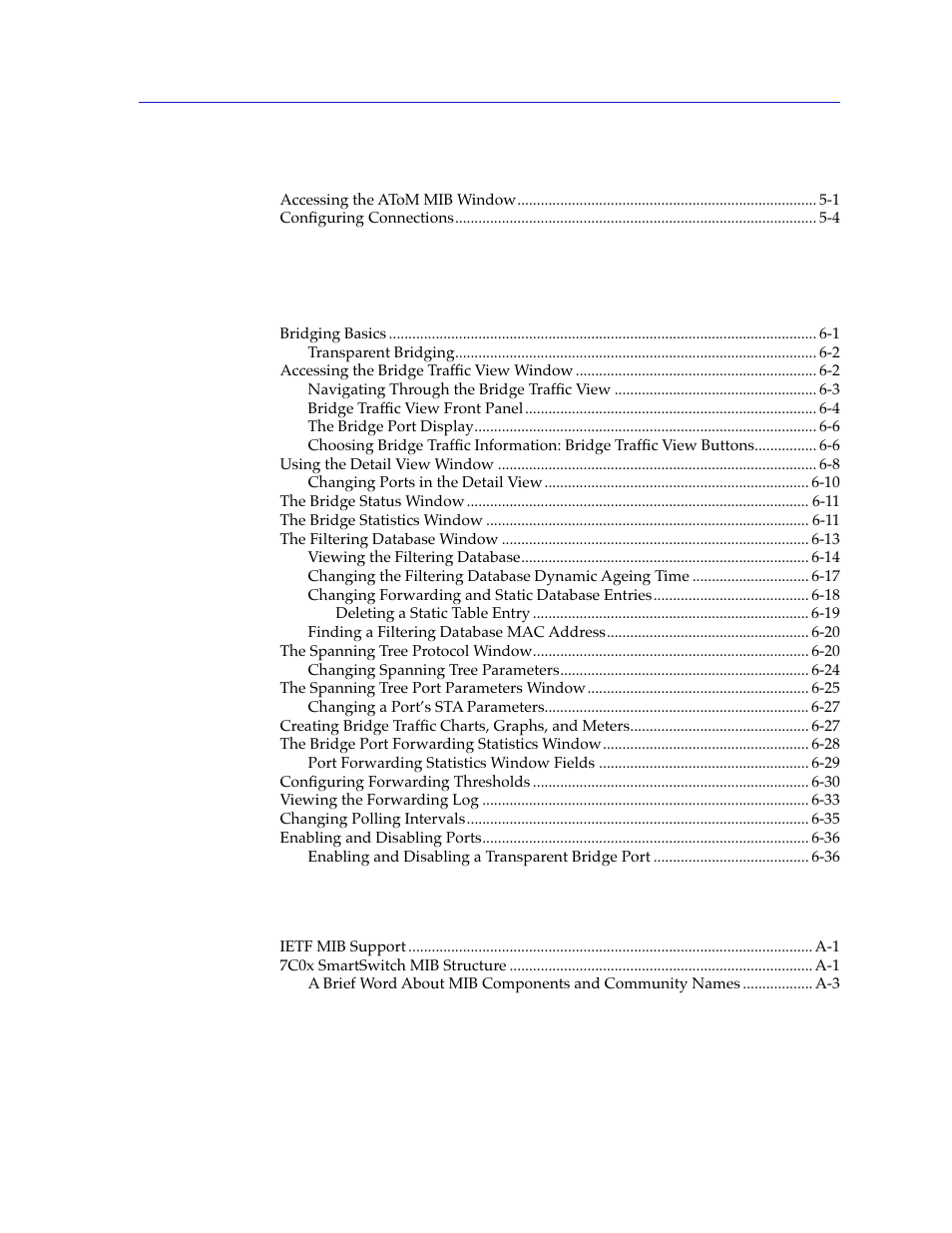 Chapter 5 atm configuration, Chapter 6 using the 7c0x smartswitch bridge view, Appendix a 7c0x smartswitch mib structure | Index | Cabletron Systems 7C03 User Manual | Page 7 / 150