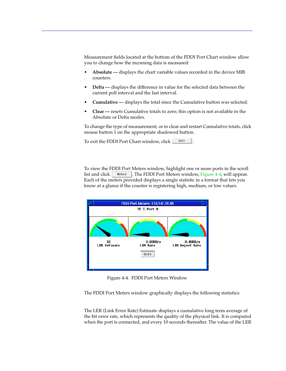 Changing the measurement of data, Viewing fddi port meters, Changing the measurement of data -7 | Viewing fddi port meters -7 | Cabletron Systems 7C03 User Manual | Page 75 / 150