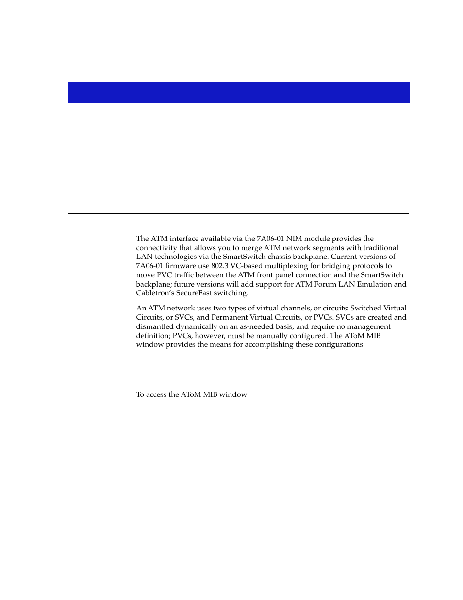 Atm configuration, Accessing the atom mib window, Chapter 5 | Accessing the atom mib window -1 | Cabletron Systems 7C03 User Manual | Page 97 / 150