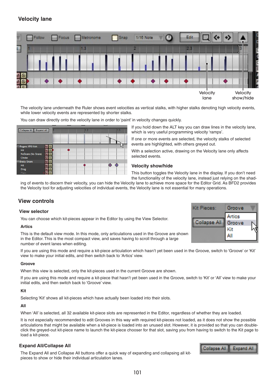 Velocity lane, View controls | FXpansion BFD2 Manual User Manual | Page 101 / 180