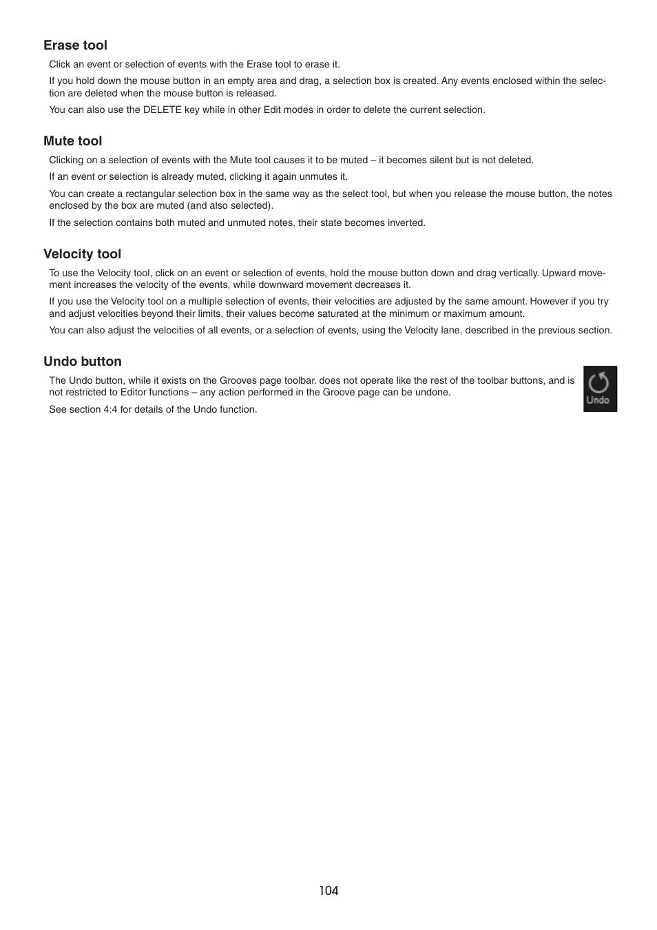 Erase tool, Mute tool, Velocity tool | Undo button | FXpansion BFD2 Manual User Manual | Page 104 / 180