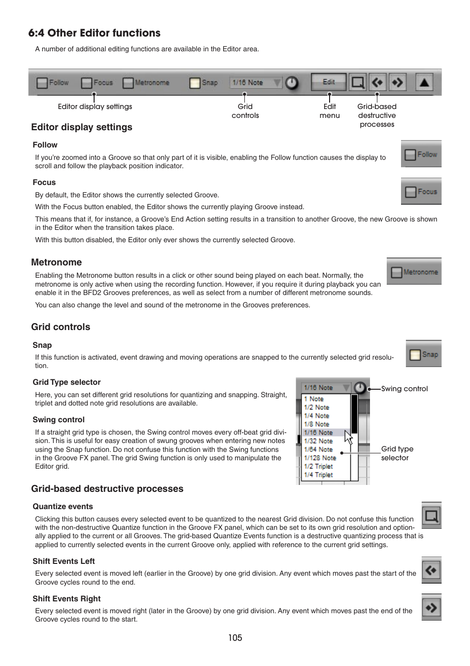 4 other editor functions, Editor display settings, Metronome | Grid controls, Grid-based destructive processes | FXpansion BFD2 Manual User Manual | Page 105 / 180
