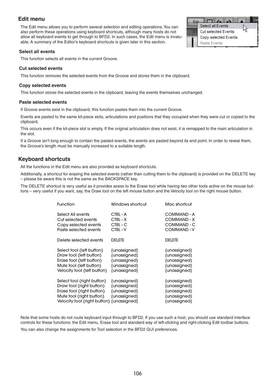 Edit menu, Keyboard shortcuts | FXpansion BFD2 Manual User Manual | Page 106 / 180