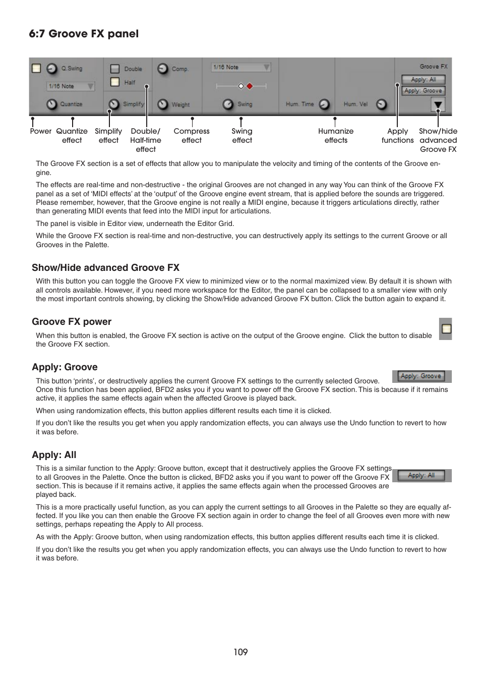 7 groove fx panel, Show/hide advanced groove fx, Groove fx power | Apply: groove, Apply: all | FXpansion BFD2 Manual User Manual | Page 109 / 180