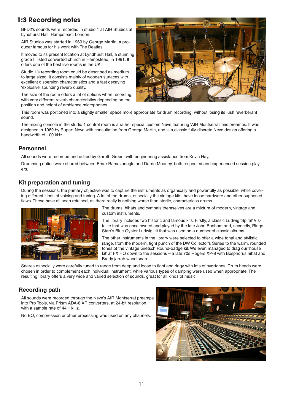 3 recording notes, Personnel, Kit preparation and tuning | Recording path | FXpansion BFD2 Manual User Manual | Page 11 / 180