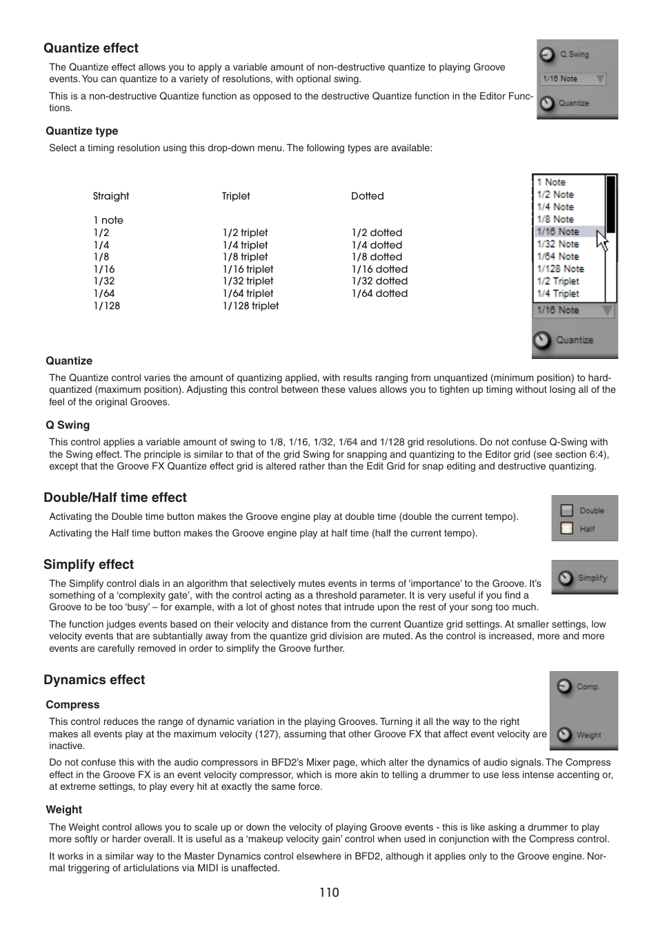 Quantize effect, Double/half time effect, Simplify effect | Dynamics effect | FXpansion BFD2 Manual User Manual | Page 110 / 180