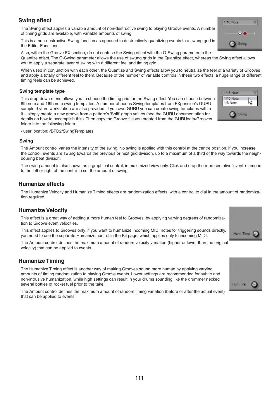 Swing effect, Humanize effects, Humanize velocity | Humanize timing | FXpansion BFD2 Manual User Manual | Page 111 / 180