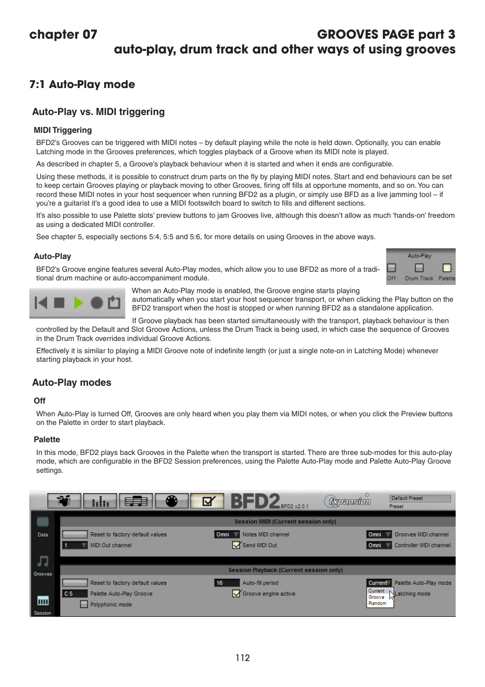 1 auto-play mode, Auto-play vs. midi triggering, Auto-play modes | Auto-play, drum track and other ways of, Using grooves | FXpansion BFD2 Manual User Manual | Page 112 / 180