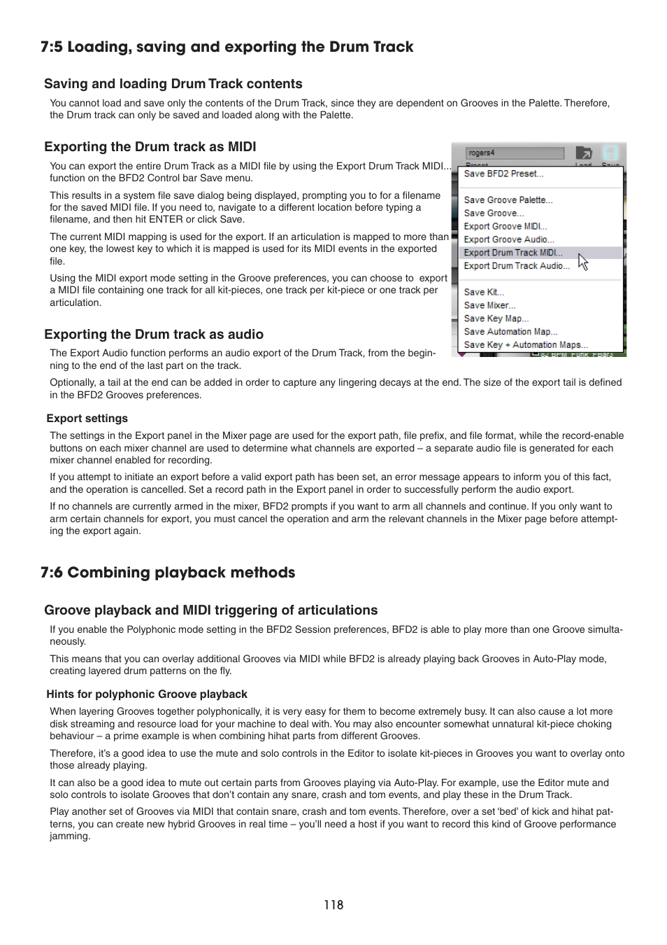 5 loading, saving and exporting the drum track, Saving and loading drum track contents, Exporting the drum track as midi | Exporting the drum track as audio, 6 combining playback methods | FXpansion BFD2 Manual User Manual | Page 118 / 180