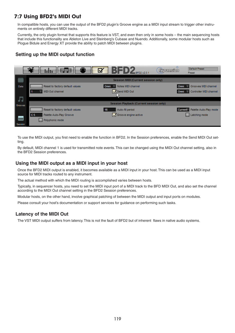 7 using bfd2’s midi out, Setting up the midi output function, Using the midi output as a midi input in your host | Latency of the midi out | FXpansion BFD2 Manual User Manual | Page 119 / 180