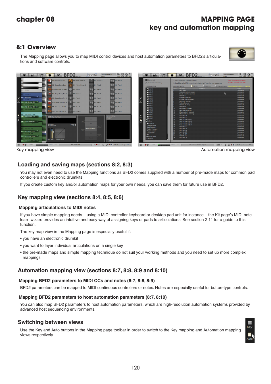 1 overview, Loading and saving maps, Key mapping view | Automation mapping view, Switching between views, Key and automation mapping, Chapter 08 mapping page key and automation mapping | FXpansion BFD2 Manual User Manual | Page 120 / 180